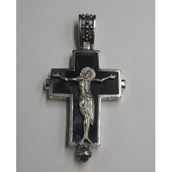 Крест из серебра с Иисусов и Богоматерью с черной эмалью
